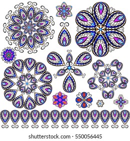 Set of  jewelry, design element. Tribal ethnic floral pattern  round with precious stones. Geometric vintage ornamental background.