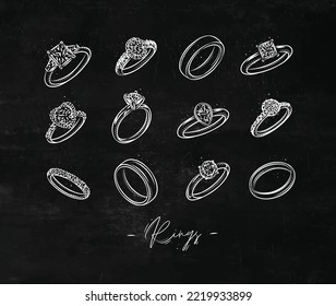 Conjunto de joyería, compromiso y dibujo del anillo de boda en estilo gráfico vintage en el fondo de la pizarra