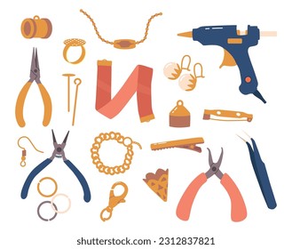 Set Of Jewelry Fittings And Tools, For Bijouterie Making And Repair. Variety Of Essential Components Vector Illustration