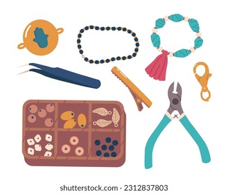 Set Of Jewelry Fittings And Tools For Creating Stunning Pieces. Includes A Variety Of Clasps, Jump Rings, And Pliers