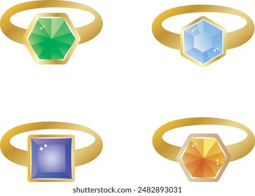 Set of jewelry, gemstones and rings in various colors