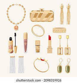 Set Jewelry Gold Accessories With Necklace, Cosmetics, Bracelets Earrings And Clutch Bag. Fashion Women Collection. Expensive Luxury Lady Items. Flat Style Vector Illustration