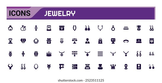 Set of jewelry icons collection. Simple solid art style icon pack. Filled glyph set for web and ui. Solid icons set. Vector illustration.