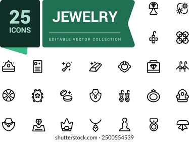 Set of jewelry icons. Pixel perfect, minimalistic web and UI icon. Outline icon collections. Editable vector illustration.