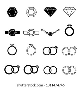 Set of jewelry icons. Solitaire diamond or other gem, rings, chain with precious pendant. Vector Illustration