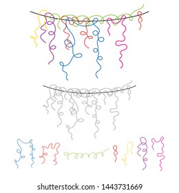 A set of jewelry with an illustration of colored ribbons on a rope for a children's holiday, colorful sets of ribbons for the design of the concept of execution of greeting invitations