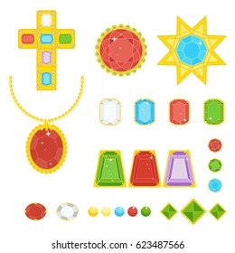 Set of jewelry with multicolored precious stones in gold frame. Flat vector cartoon illustration. Objects isolated on a white background.