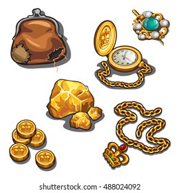 A set of jewelry and objects made of gold isolated on a white background. Vector illustration.
