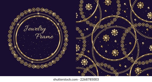 Conjunto de patrones de joyería, marco con espacio de copia. Cuentas de oro, elementos, partículas brillantes pequeñas, cadenas de oro. Logo, emblema para el aniversario, premio, diseño de regalos. Ilustraciones de lujo