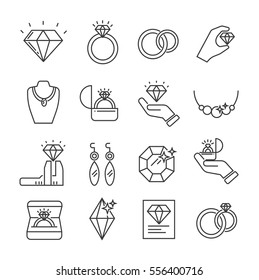 Set of jewelry Related Vector Line Icons. Includes such Icons as diamond, ring, wedding ring, bracelet, earrings, necklace, jeweler, jewel