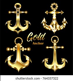 Set of jewelry, shiny gold anchors on black background.