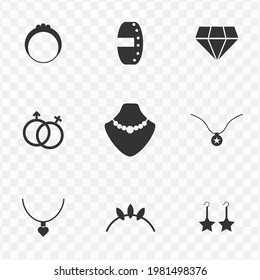 Set of jewelry simple vector icons in dark color and transparent background(png). Vector illustration.