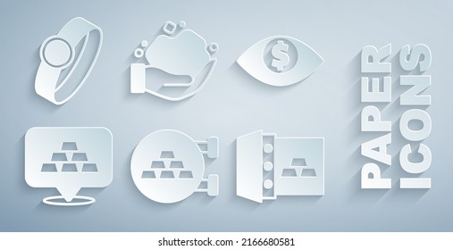 Set Jewelry store, Eye with dollar, Gold bars, Safe gold, nugget and ring icon. Vector