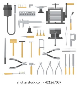 Set of jewelry tools. Goldsmith. Jewelers accessories. Vector illustration 