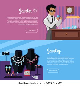 Set of jewelry vector web banners. Jewelry design and jeweler concepts in flat style. Man working with  precious stone. Jewelry shop showcase. Illustration for jewelry studio and store web page design