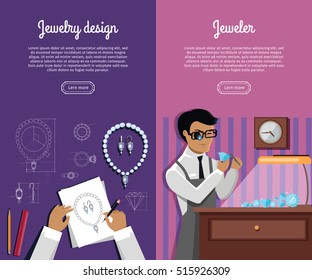Set of jewelry vector web banners. Jewelry design and jeweler concepts in flat style. Man working with drawings and precious stones. Illustration for jewelry studio web site landing pages design
