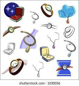 A set of jewelry and watch vector icons in color, and black and white renderings.