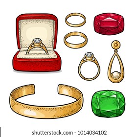 Set jewelry. Wedding ring with diamond in a gift box, earring with pearl, bracelet, emerald and ruby gem stone. Vintage color vector engraving illustration isolated on white background