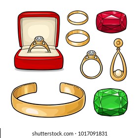Set jewelry. Wedding ring with diamond in a gift box, earring with pearl, bracelet, emerald and ruby gem stone. Vintage color vector engraving illustration isolated on white background