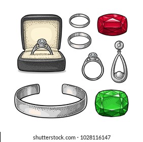 Set jewelry. Wedding ring with diamond in a gift box, earring with pearl, bracelet, emerald and ruby gem stone. Vintage color vector engraving illustration isolated on white background