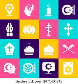 Set Jewish calendar, Holy book of Koran, Christian cross, Burning candle, Easter egg, Hands praying position, Star David and  icon. Vector