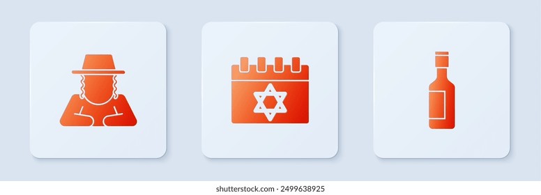 Set Jewish calendar, Orthodox jewish hat and wine bottle. White square button. Vector