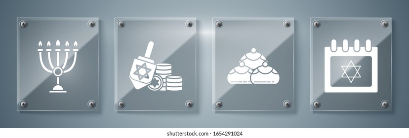 Set Jewish calendar with star of david, Jewish sweet bakery, Hanukkah dreidel and coin and Hanukkah menorah. Square glass panels. Vector