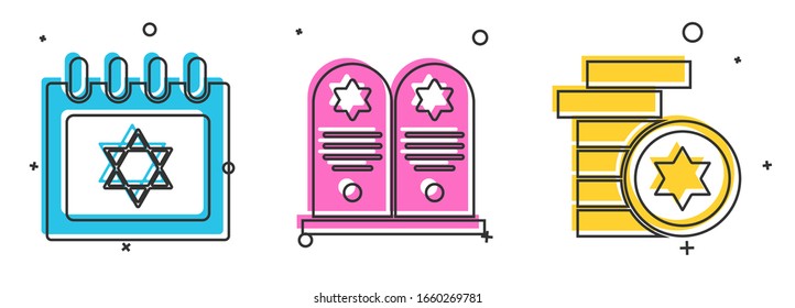 Set Jewish calendar with star of david, Tombstone with star of david and Jewish coin icon. Vector