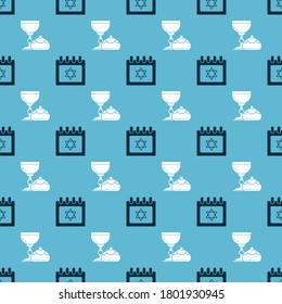 Set Jewish calendar with star of david and Jewish goblet and hanukkah sufganiyot on seamless pattern. Vector