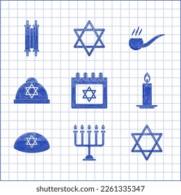 Set Jewish calendar with star of david, Hanukkah menorah, Star David, Burning candle in candlestick, kippah, Smoking pipe smoke and Torah scroll icon. Vector