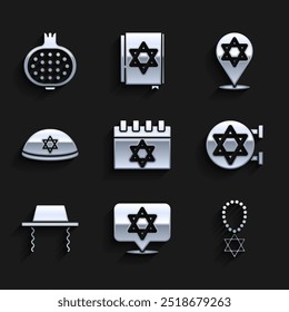 Set Jewish calendar, Star of David, necklace on chain, synagogue, Orthodox jewish hat, kippah,  and Pomegranate icon. Vector