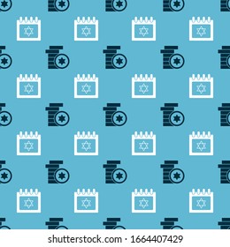 Set Jewish coin and Jewish calendar with star of david on seamless pattern. Vector