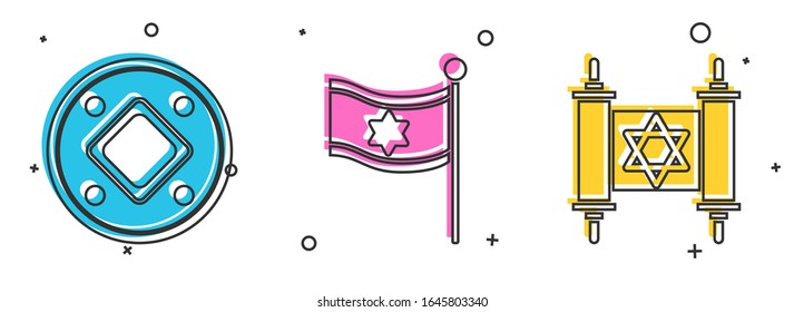 Set Jewish coin, Flag of Israel and Torah scroll icon. Vector
