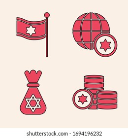 Set Jewish coin, Flag of Israel, World Globe and Israel and Jewish money bag with star of david icon. Vector