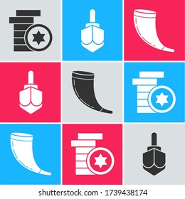 Set Jewish coin, Hanukkah dreidel and Traditional ram horn, shofar icon. Vector