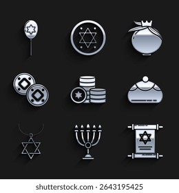 Set Jewish coin, Hanukkah menorah, Torah scroll, sweet bakery, Star of David necklace on chain, Pomegranate and Balloons with ribbon with star david icon. Vector