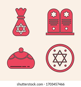Set Jewish coin, Jewish money bag with star of david, Tombstone with star of david and Jewish sweet bakery icon. Vector