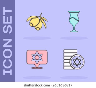 Definir moeda judaica, ramo de azeitonas, Estrela de David e ícone de cálice. Vetor