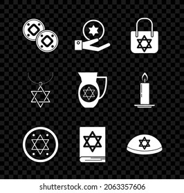Set Jewish coin, on hand, Shopping bag with star of david, torah book, kippah, Star David necklace chain and Decanter icon. Vector