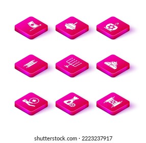 Set Jewish coin on hand, money bag with star of david, Torah scroll, Hanukkah menorah, sweet bakery, Burning candle candlestick and dreidel icon. Vector