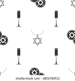 Set Jewish coin, Star of David necklace on chain and Jewish goblet on seamless pattern. Vector