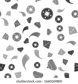 Set Jewish coin, Jewish sweet bakery, Egypt pyramids and Traditional ram horn, shofar on seamless pattern. Vector
