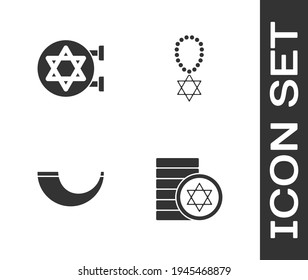 Set Jewish coin, synagogue, Traditional ram horn, shofar and Star David necklace chain icon. Vector