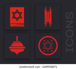 Set Jewish coin, Jewish torah book, Torah scroll and Hanukkah dreidel icon. Vector