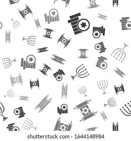 Set Jewish coin, Torah scroll, Hanukkah menorah and Torah scroll on seamless pattern. Vector