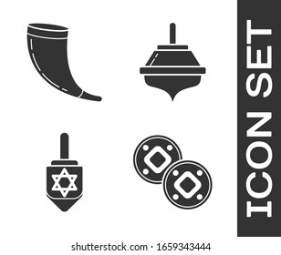 Set Jewish coin, Traditional ram horn, shofar, Hanukkah dreidel and Hanukkah dreidel icon. Vector