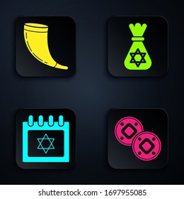 Set Jewish coin, Traditional ram horn, shofar, Jewish calendar with star of david and Jewish money bag with star of david. Black square button. Vector