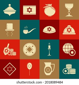 Set Jewish coin, World Globe and Israel, kippah with star of david, Pomegranate, Smoking pipe smoke, Orthodox jewish hat sidelocks, Hanukkah dreidel and  icon. Vector