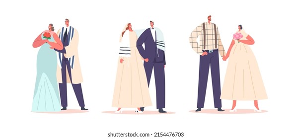 Fijamos la ceremonia de boda de parejas judías, personajes contemporáneos de recién casados y novios usan ropa festiva, un hombre moderno recién casado y una mujer aman, celebran la fiesta del matrimonio. Ilustración de vectores de personas de caricatura