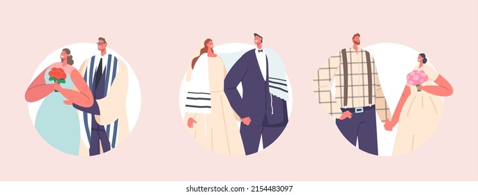 Set Jewish Couples Wedding Ceremony Round Icons, Modern Jew Groom and Bride Characters Wear Festive Clothes, Newlywed Man and Woman Love, Celebrate Marriage Party. Cartoon People Vector Illustration